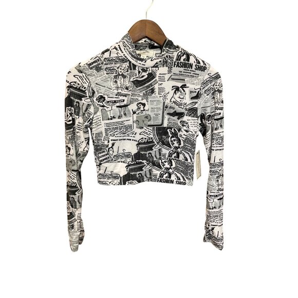 No Comment NY.LA Medium Womens Long Sleeve Newspaper Print Cropped Turtleneck To - Picture 2 of 7